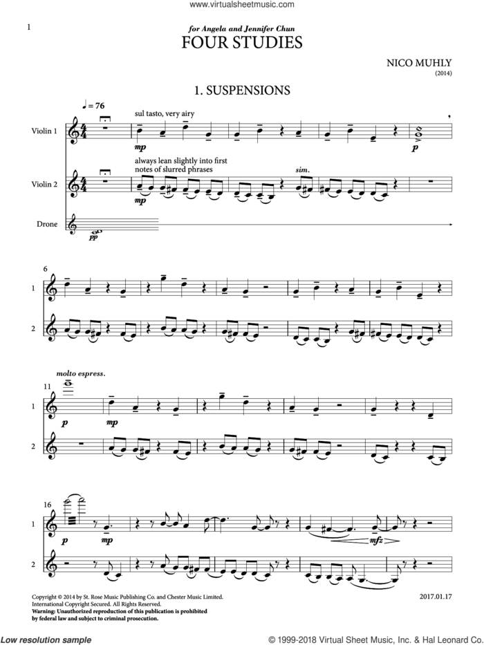 Four Studies sheet music for violin solo by Nico Muhly, classical score, intermediate skill level