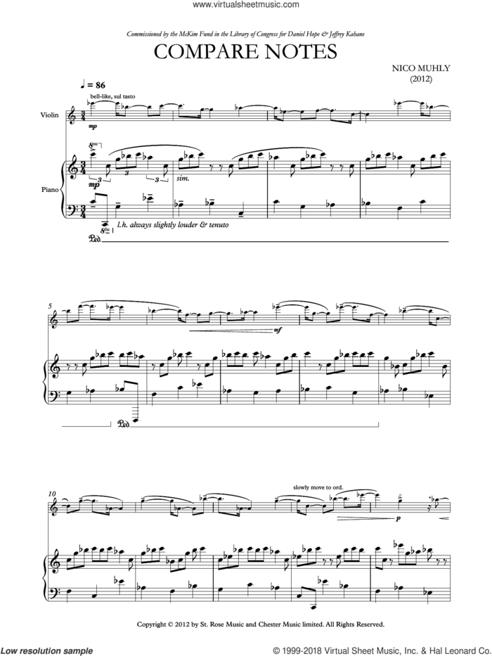 Compare Notes sheet music for violin solo by Nico Muhly, classical score, intermediate skill level