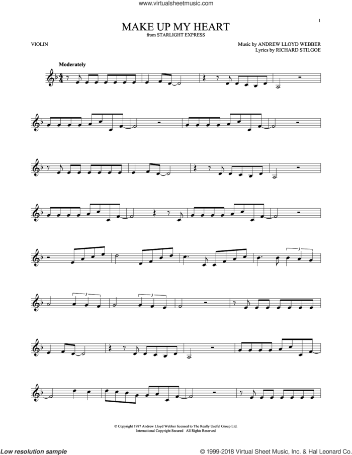 Make Up My Heart sheet music for violin solo by Andrew Lloyd Webber and Richard Stilgoe, intermediate skill level