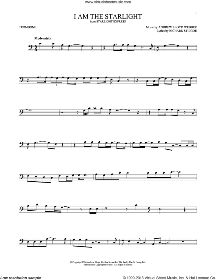 I Am The Starlight sheet music for trombone solo by Andrew Lloyd Webber and Richard Stilgoe, intermediate skill level