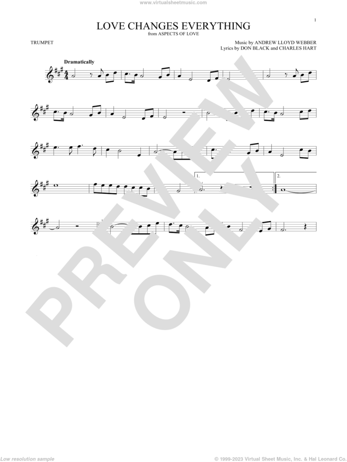 Love Changes Everything (from Aspects of Love) sheet music for trumpet solo by Andrew Lloyd Webber, Charles Hart and Don Black, intermediate skill level