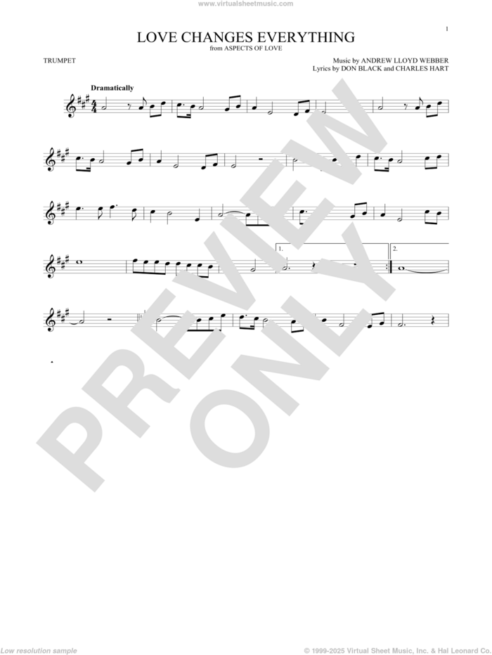 Love Changes Everything (from Aspects of Love) sheet music for trumpet solo by Andrew Lloyd Webber, Charles Hart and Don Black, intermediate skill level