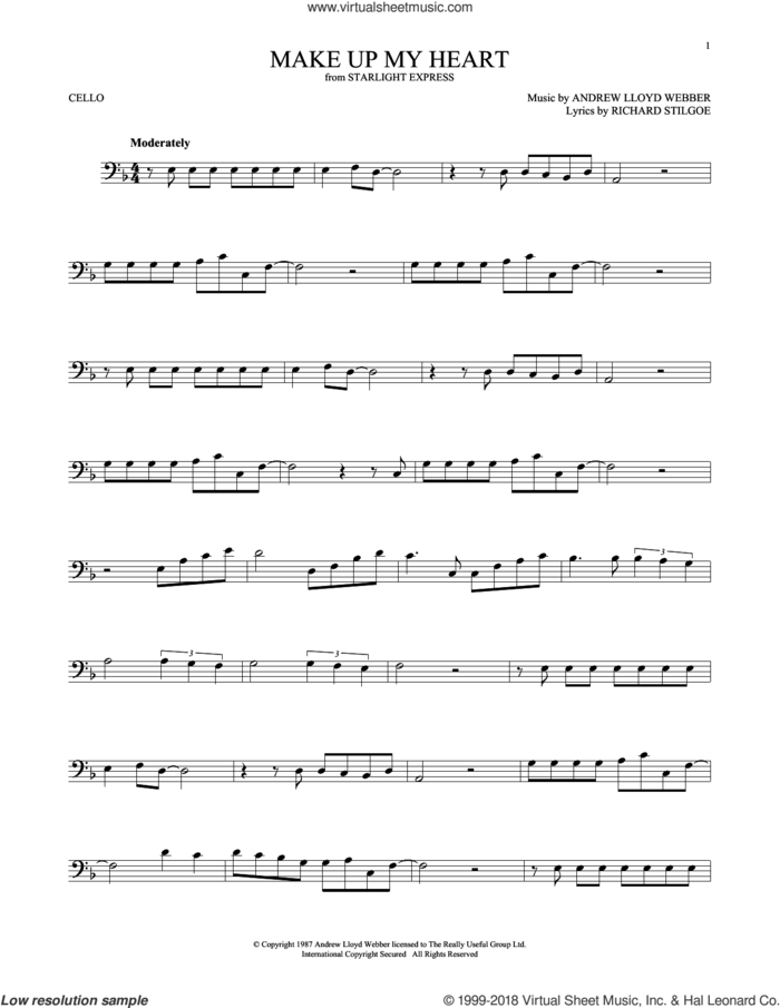 Make Up My Heart sheet music for cello solo by Andrew Lloyd Webber and Richard Stilgoe, intermediate skill level