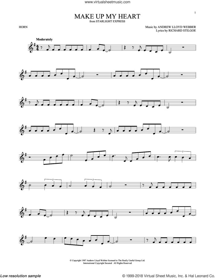 Make Up My Heart sheet music for horn solo by Andrew Lloyd Webber and Richard Stilgoe, intermediate skill level