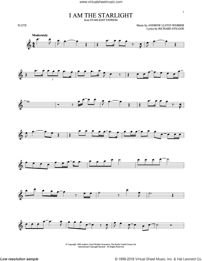 I Am The Starlight sheet music for flute solo by Andrew Lloyd Webber and Richard Stilgoe, intermediate skill level