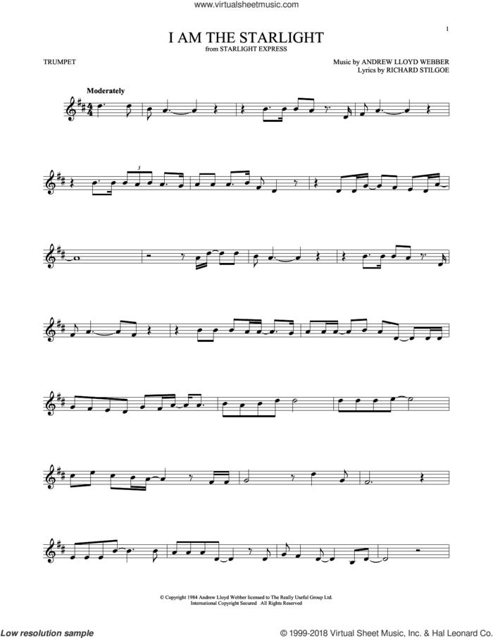 I Am The Starlight sheet music for trumpet solo by Andrew Lloyd Webber and Richard Stilgoe, intermediate skill level