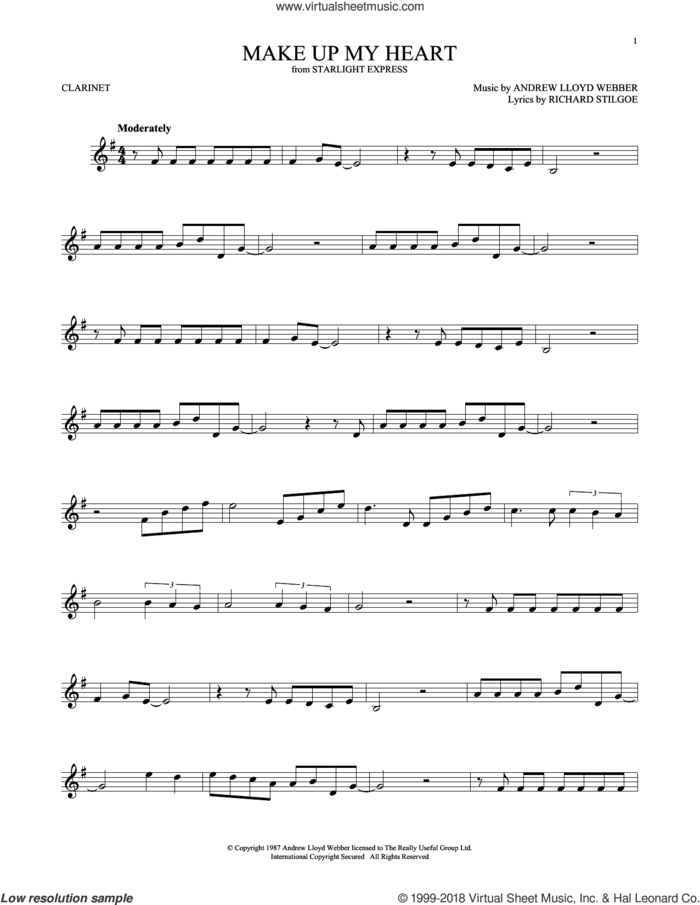 Make Up My Heart sheet music for clarinet solo by Andrew Lloyd Webber and Richard Stilgoe, intermediate skill level
