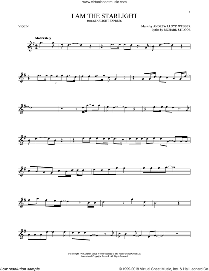 I Am The Starlight sheet music for violin solo by Andrew Lloyd Webber and Richard Stilgoe, intermediate skill level