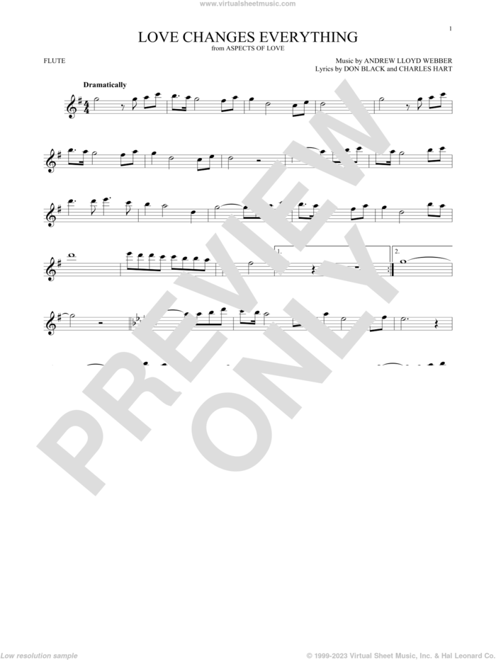 Love Changes Everything (from Aspects Of Love) sheet music for flute solo by Andrew Lloyd Webber, Charles Hart and Don Black, intermediate skill level