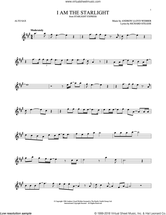 I Am The Starlight sheet music for alto saxophone solo by Andrew Lloyd Webber and Richard Stilgoe, intermediate skill level