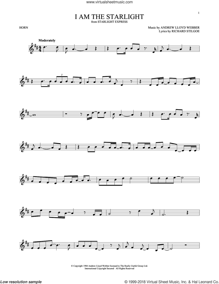 I Am The Starlight sheet music for horn solo by Andrew Lloyd Webber and Richard Stilgoe, intermediate skill level
