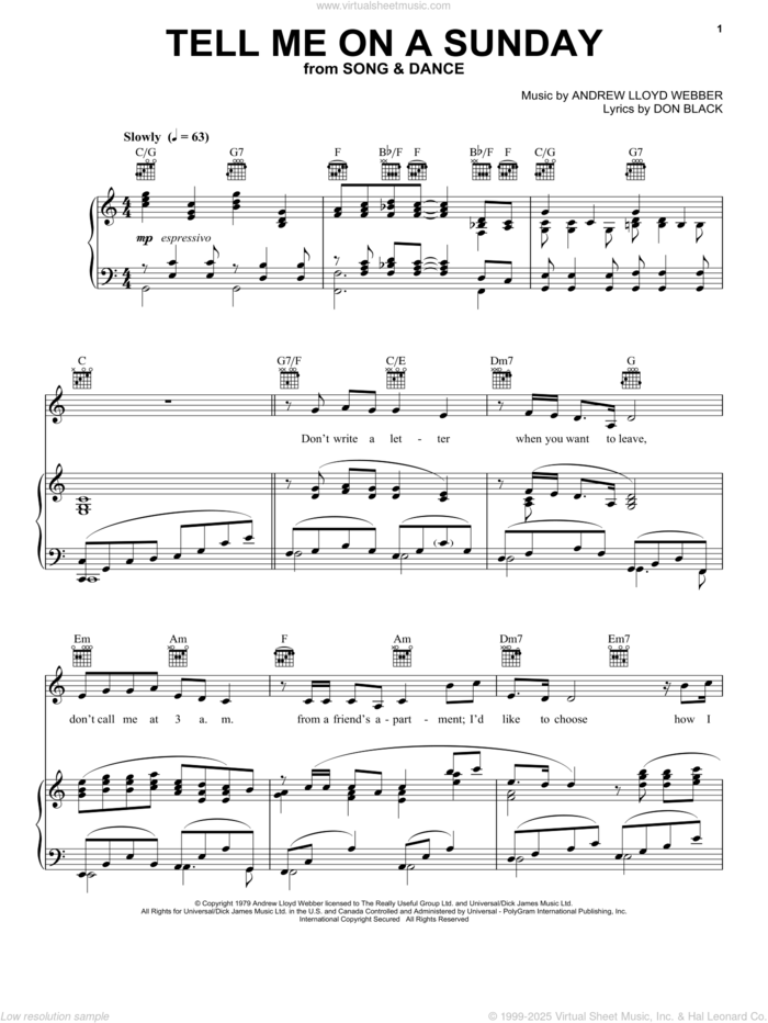 Tell Me On A Sunday sheet music for voice, piano or guitar by Andrew Lloyd Webber, Bernadette Peters, Song And Dance (Musical) and Don Black, intermediate skill level