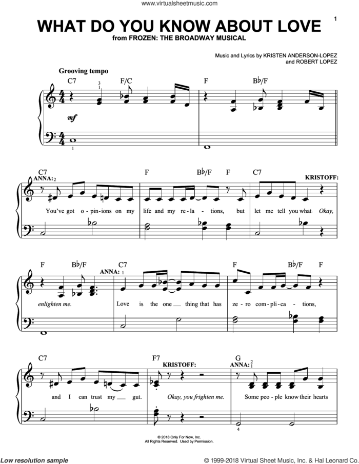 What Do You Know About Love? (from Frozen: the Broadway Musical) sheet music for piano solo by Robert Lopez, Kristen Anderson-Lopez and Kristen Anderson-Lopez & Robert Lopez, easy skill level