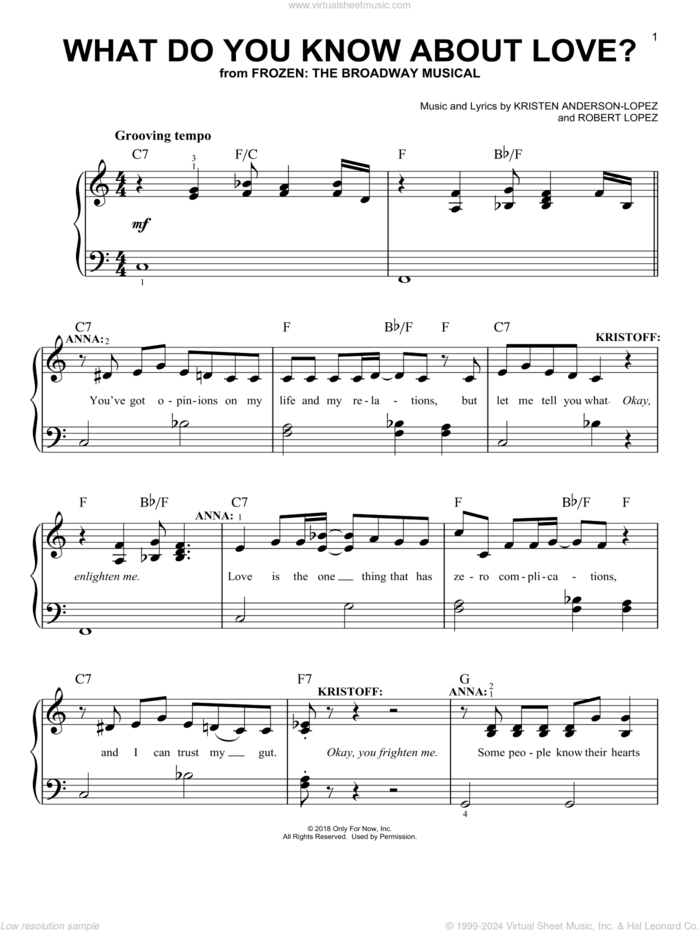 What Do You Know About Love? (from Frozen: the Broadway Musical) sheet music for piano solo by Robert Lopez, Kristen Anderson-Lopez and Kristen Anderson-Lopez & Robert Lopez, easy skill level