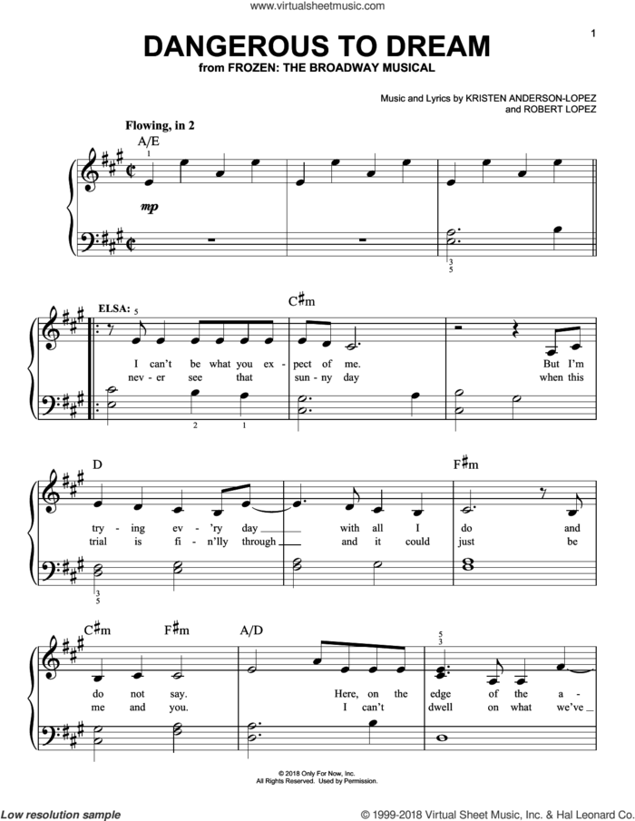 Dangerous To Dream sheet music for piano solo by Robert Lopez, Kristen Anderson-Lopez and Kristen Anderson-Lopez & Robert Lopez, easy skill level