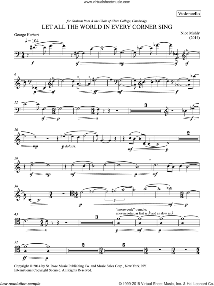 Let All The World In Every Corner Sing sheet music for cello solo by Nico Muhly, classical score, intermediate skill level