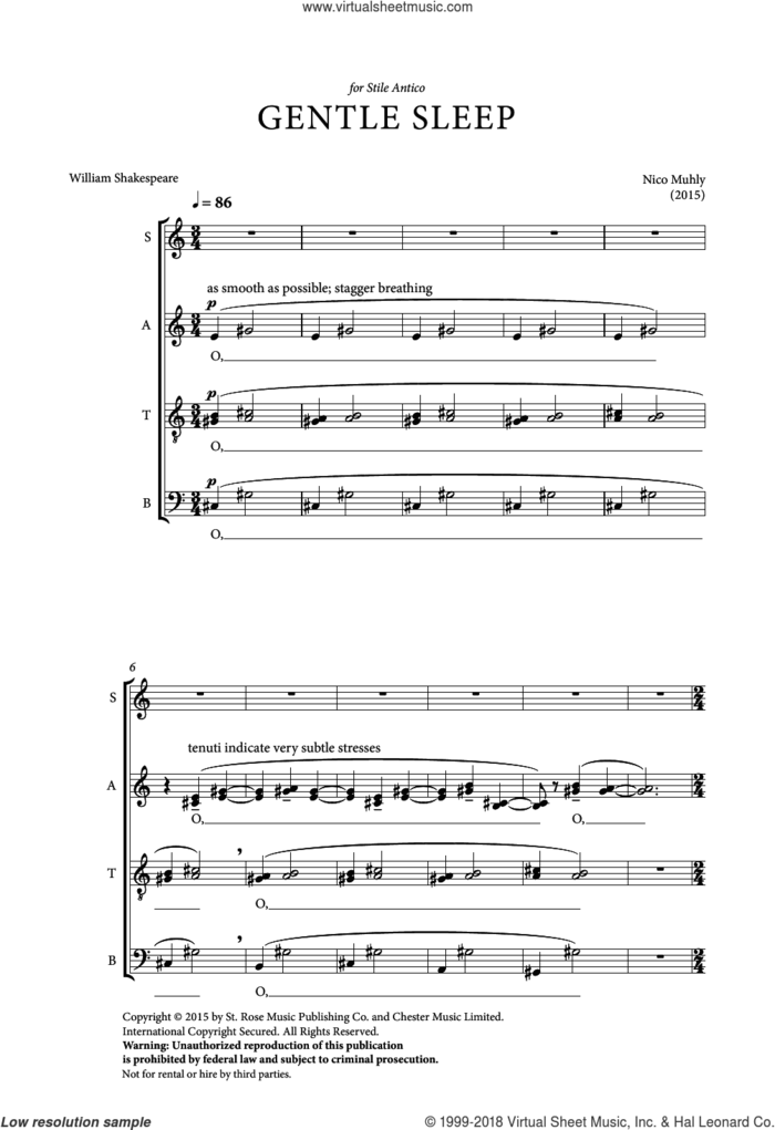 Gentle Sleep sheet music for choir (SATB: soprano, alto, tenor, bass) by Nico Muhly, classical score, intermediate skill level