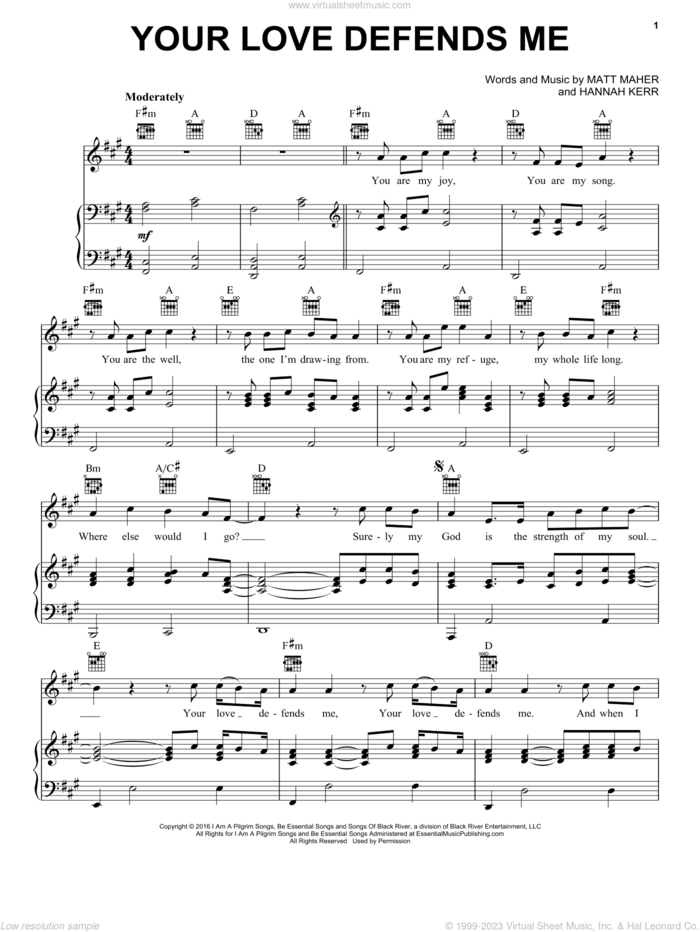 Your Love Defends Me sheet music for voice, piano or guitar by Matt Maher and Hannah Kerr, intermediate skill level