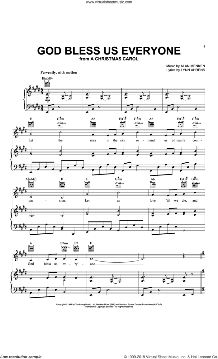 God Bless Us Everyone sheet music for voice, piano or guitar by Alan Menken and Lynn Ahrens, intermediate skill level