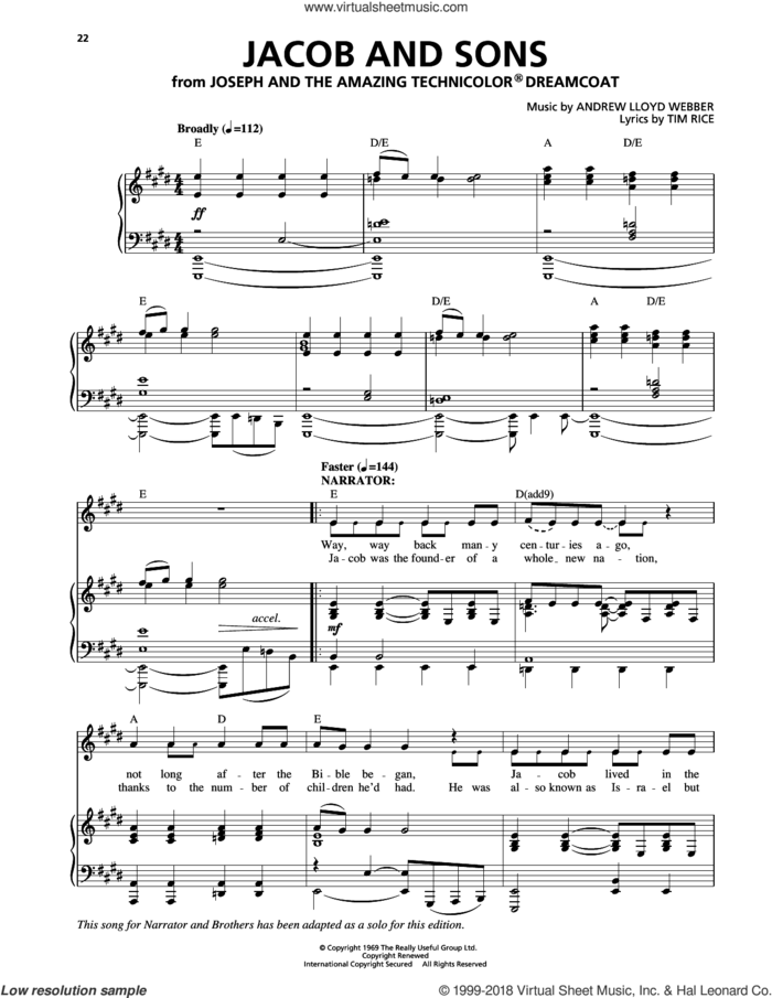 Jacob And Sons sheet music for voice, piano or guitar by Andrew Lloyd Webber and Tim Rice, intermediate skill level