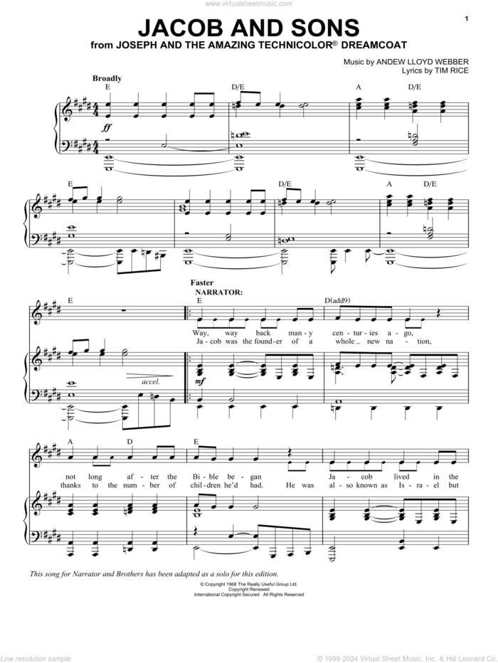 Jacob And Sons sheet music for voice, piano or guitar by Andrew Lloyd Webber and Tim Rice, intermediate skill level
