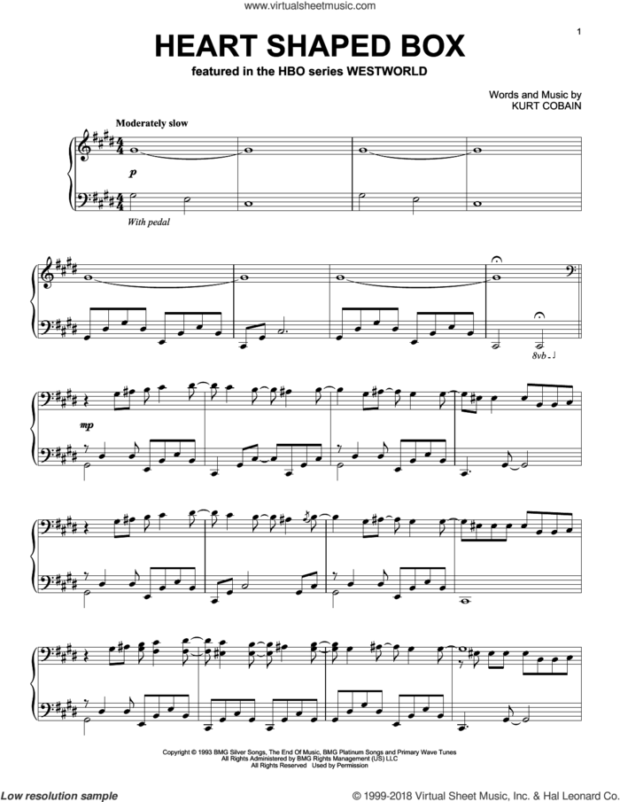 Heart Shaped Box (from Westworld) sheet music for piano solo by Ramin Djawadi, Nirvana and Kurt Cobain, intermediate skill level
