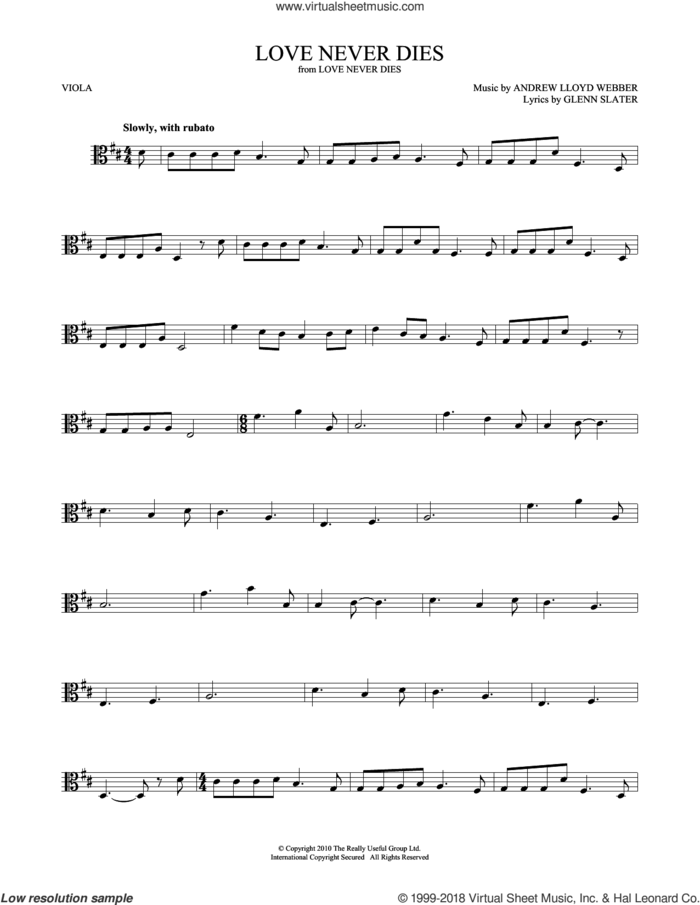 Love Never Dies sheet music for viola solo by Andrew Lloyd Webber and Glenn Slater, intermediate skill level