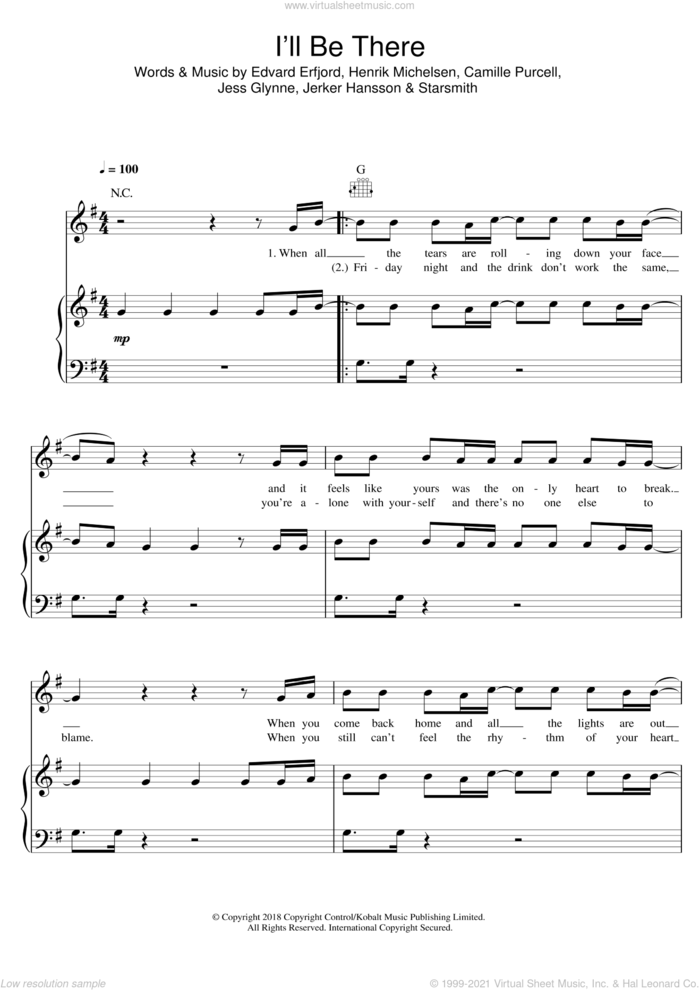 I'll Be There sheet music for voice, piano or guitar by Jess Glynne, Camille Purcell, Edvard Erfjord, Henrik Michelsen, Jerker Hansson and Starsmith, intermediate skill level