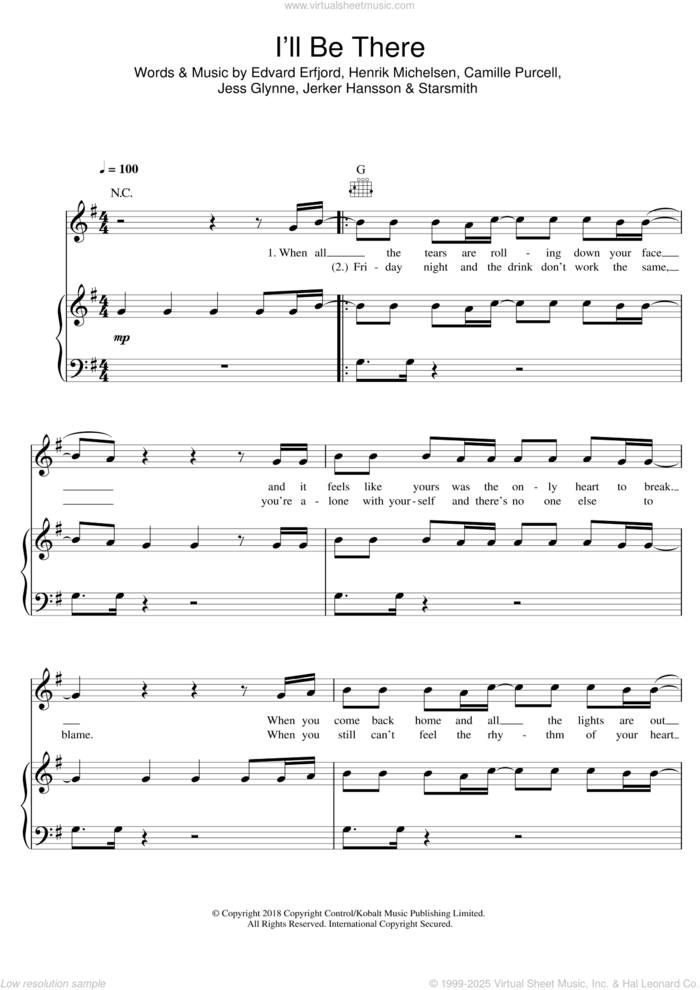 I'll Be There sheet music for voice, piano or guitar by Jess Glynne, Camille Purcell, Edvard Erfjord, Henrik Michelsen, Jerker Hansson and Starsmith, intermediate skill level