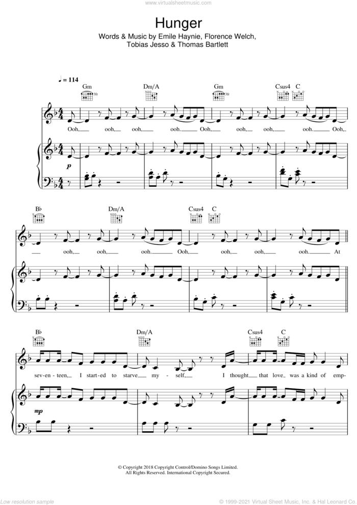 Hunger sheet music for voice, piano or guitar by Emile Haynie, Florence + The Machine, Florence And The  Machine, Florence Welch, Thomas Bartlett and Tobias Jesso, intermediate skill level