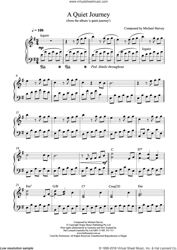 A Quiet Journey sheet music for piano solo by Michael Harvey, intermediate skill level
