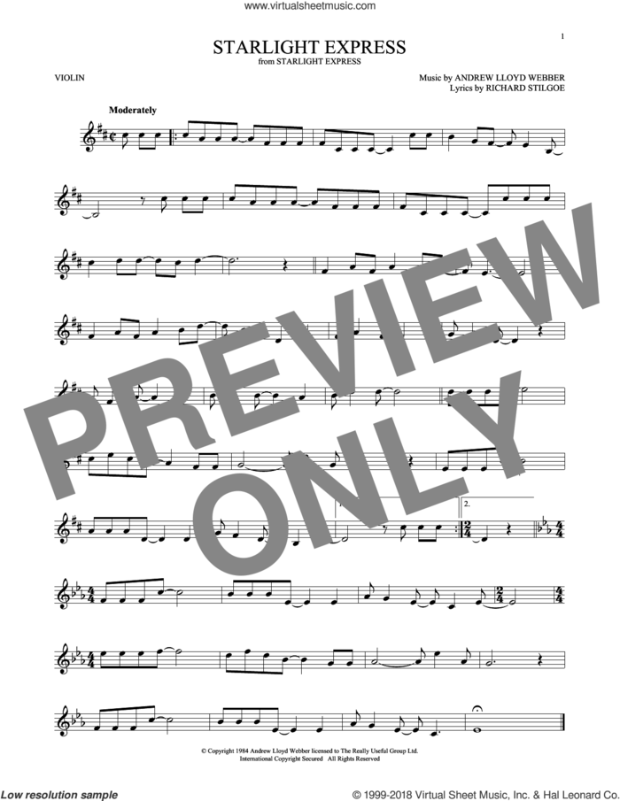 Starlight Express sheet music for violin solo by Andrew Lloyd Webber and Richard Stilgoe, intermediate skill level