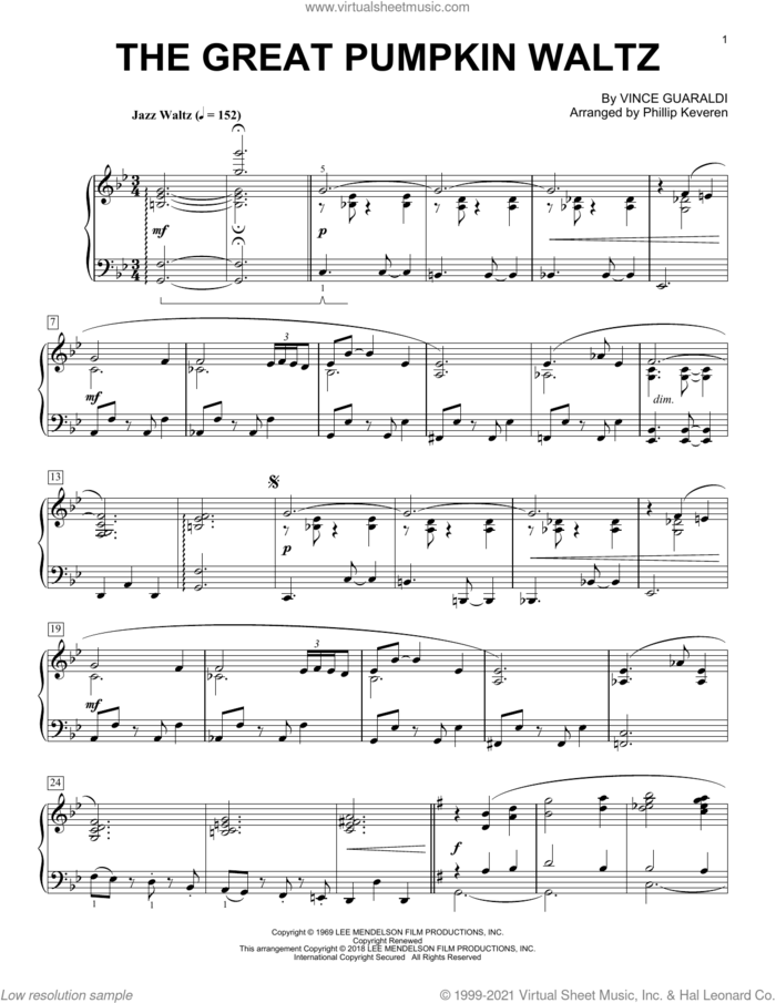 The Great Pumpkin Waltz (arr. Phillip Keveren) sheet music for piano solo by Vince Guaraldi and Phillip Keveren, intermediate skill level