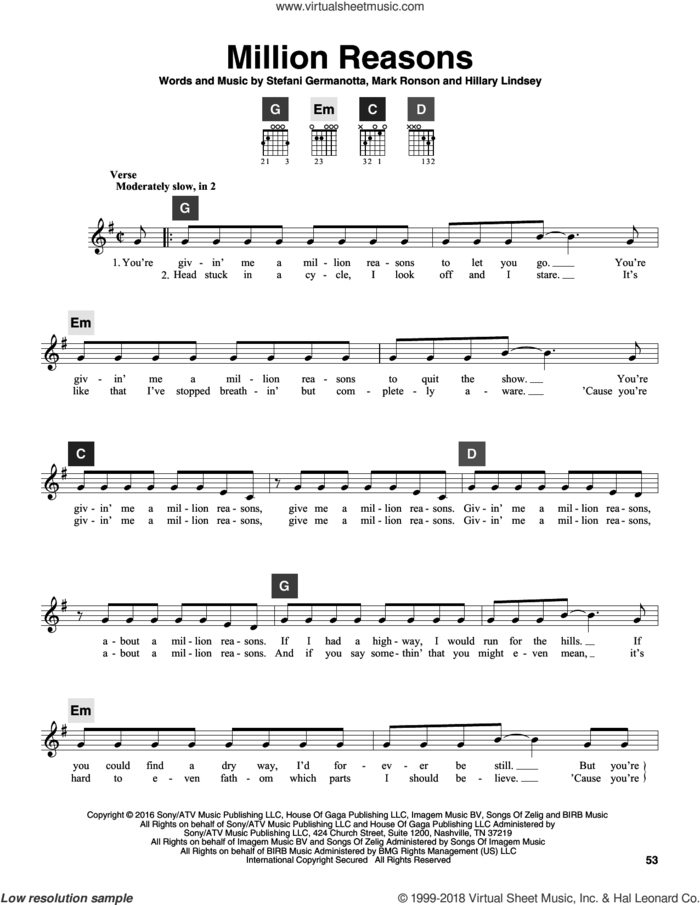 Million Reasons sheet music for guitar solo (ChordBuddy system) by Lady Gaga, Hillary Lindsey and Mark Ronson, intermediate guitar (ChordBuddy system)