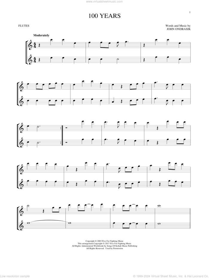 100 Years sheet music for two flutes (duets) by Five For Fighting and John Ondrasik, intermediate skill level