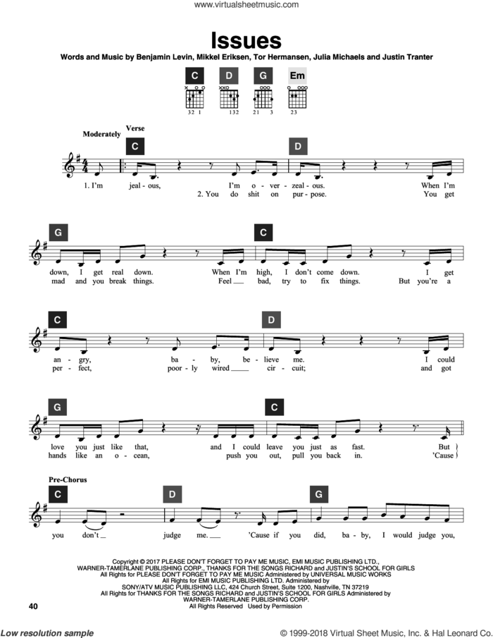 Issues sheet music for guitar solo (ChordBuddy system) by Julia Michaels, Benjamin Levin, Justin Tranter, Mikkel Eriksen and Tor Erik Hermansen, intermediate guitar (ChordBuddy system)