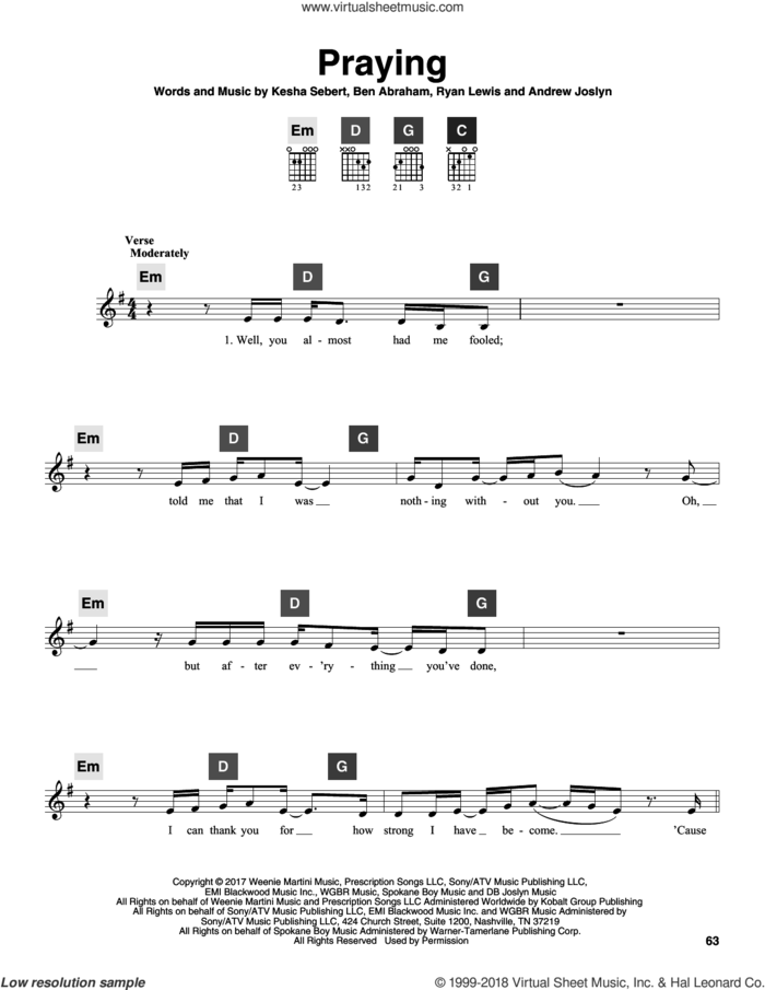 Praying sheet music for guitar solo (ChordBuddy system) by Kesha, Andrew Joslyn, Ben Abraham, Kesha Sebert and Ryan Lewis, intermediate guitar (ChordBuddy system)
