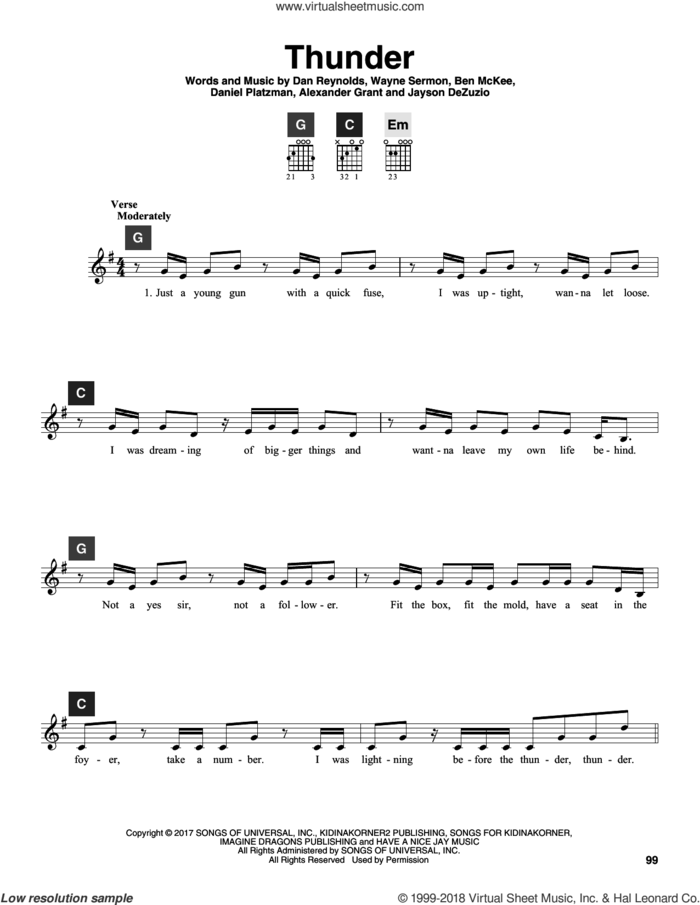 Thunder sheet music for guitar solo (ChordBuddy system) by Imagine Dragons, Alexander Grant, Ben McKee, Dan Reynolds, Daniel Platzman, Jayson Dezuzio and Wayne Sermon, intermediate guitar (ChordBuddy system)