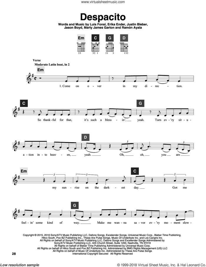 Despacito sheet music for guitar solo (ChordBuddy system) by Luis Fonsi & Daddy Yankee feat. Justin Bieber, Erika Ender, Luis Fonsi and Ramon Ayala, intermediate guitar (ChordBuddy system)