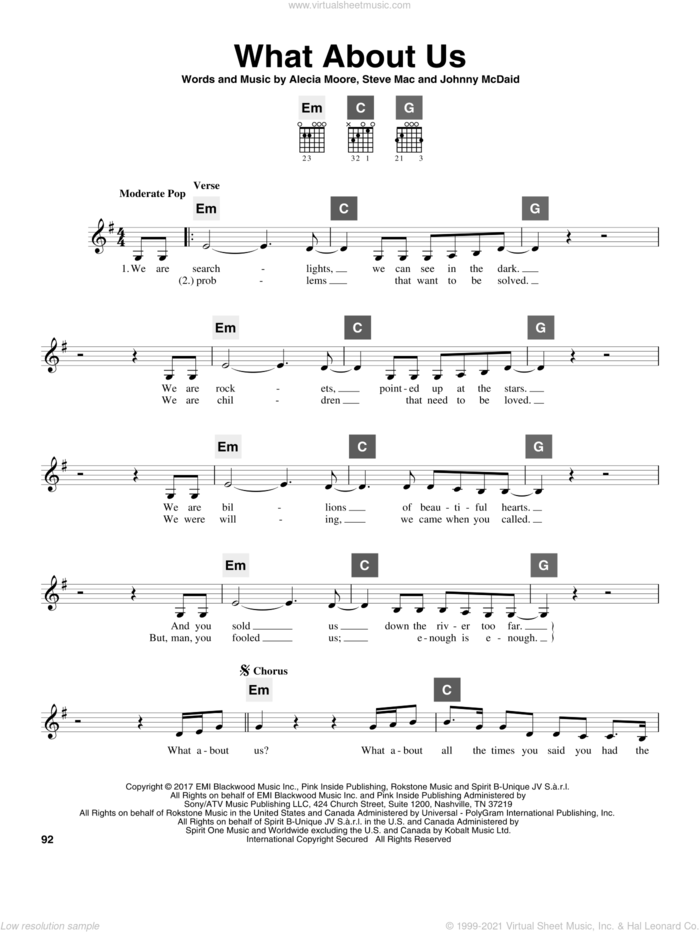 What About Us sheet music for guitar solo (ChordBuddy system) by Steve Mac, Miscellaneous, Alecia Moore and Johnny McDaid, intermediate guitar (ChordBuddy system)