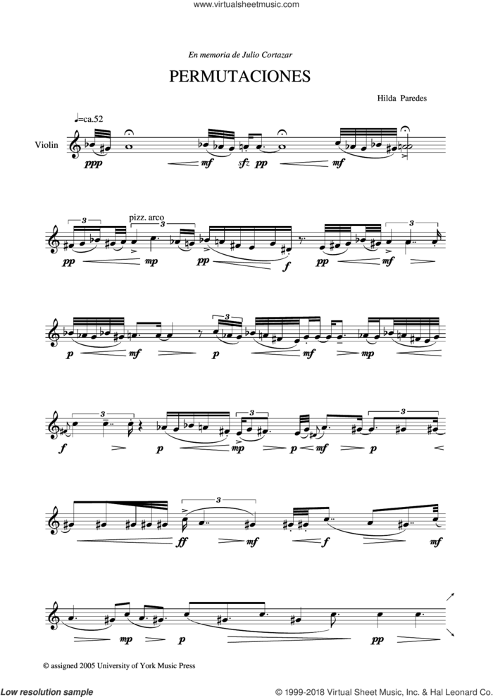 Permutaciones sheet music for violin solo by Hilda Paredes, classical score, intermediate skill level