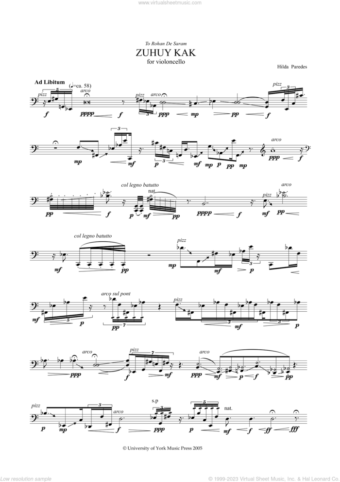 Zuhuy Kak sheet music for cello solo by Hilda Paredes, classical score, intermediate skill level