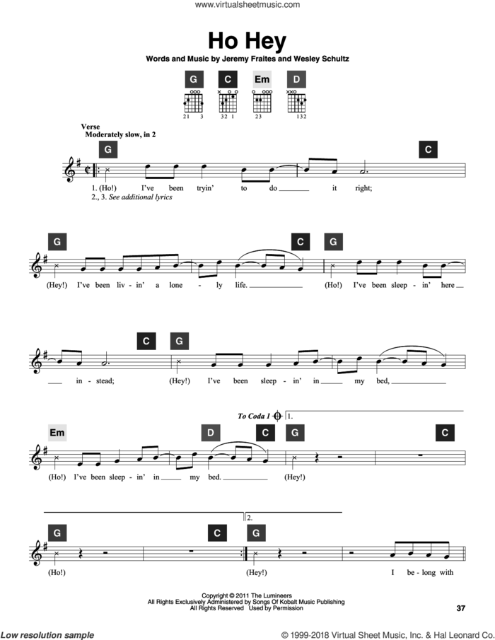 Ho Hey sheet music for guitar solo (ChordBuddy system) by The Lumineers, Lennon & Maisy, Jeremy Fraites and Wesley Schultz, intermediate guitar (ChordBuddy system)