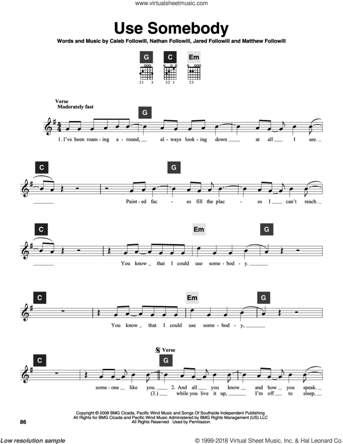 Use Somebody sheet music for guitar solo (ChordBuddy system) by Kings Of Leon, Caleb Followill, Jared Followill, Matthew Followill and Nathan Followill, intermediate guitar (ChordBuddy system)