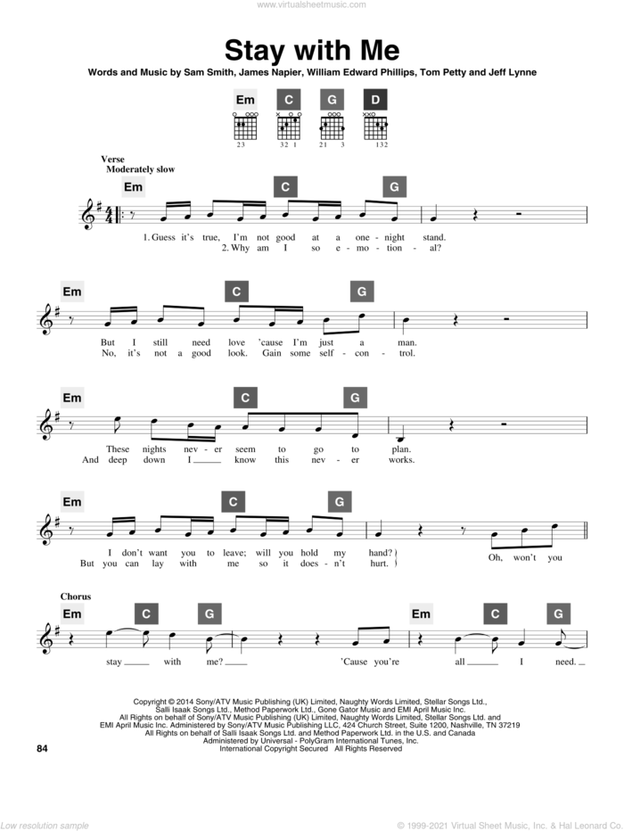 Stay With Me sheet music for guitar solo (ChordBuddy system) by Sam Smith, James Napier, Jeff Lynne, Tom Petty and William Edward Phillips, intermediate guitar (ChordBuddy system)