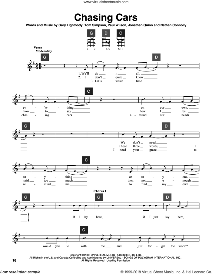 Chasing Cars sheet music for guitar solo (ChordBuddy system) by Snow Patrol, Gary Lightbody, Jonathan Quinn, Nathan Connolly, Paul Wilson and Tom Simpson, intermediate guitar (ChordBuddy system)
