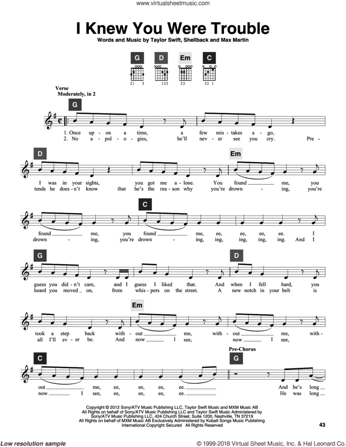 I Knew You Were Trouble sheet music for guitar solo (ChordBuddy system) by Taylor Swift, Max Martin and Shellback, intermediate guitar (ChordBuddy system)