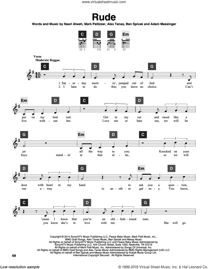 Rude sheet music for guitar solo (ChordBuddy system) by MAGIC!, Adam Messinger, Alex Tanas, Ben Spivak, Mark Pellizzer and Nasri Atweh, intermediate guitar (ChordBuddy system)