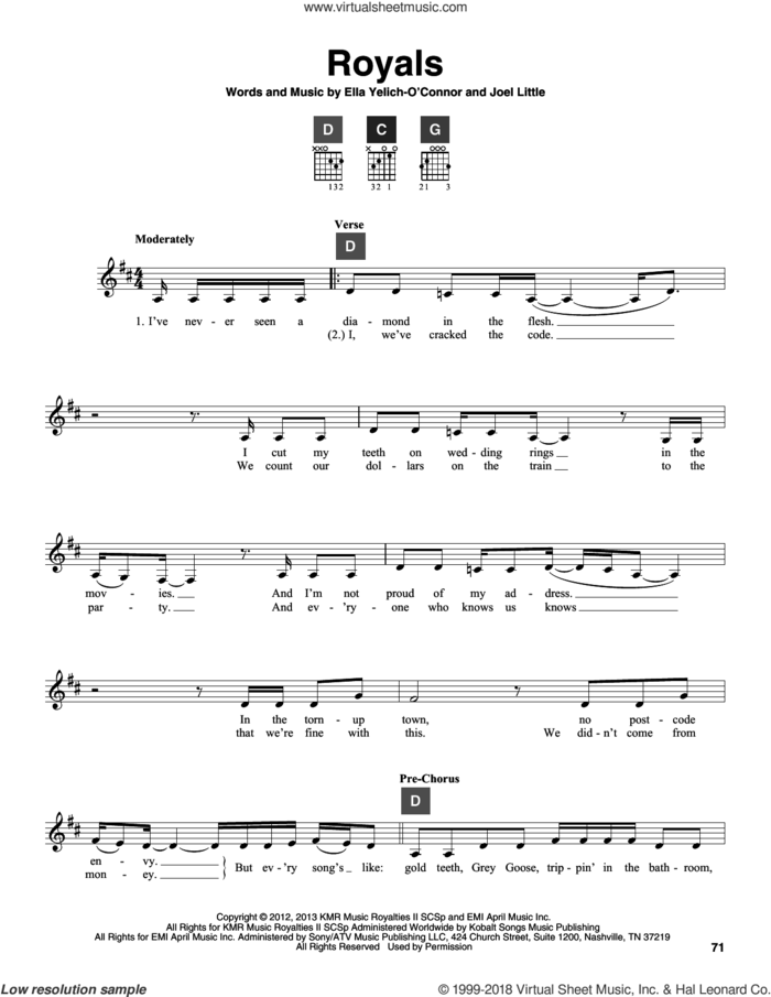 Royals sheet music for guitar solo (ChordBuddy system) by Lorde and Joel Little, intermediate guitar (ChordBuddy system)