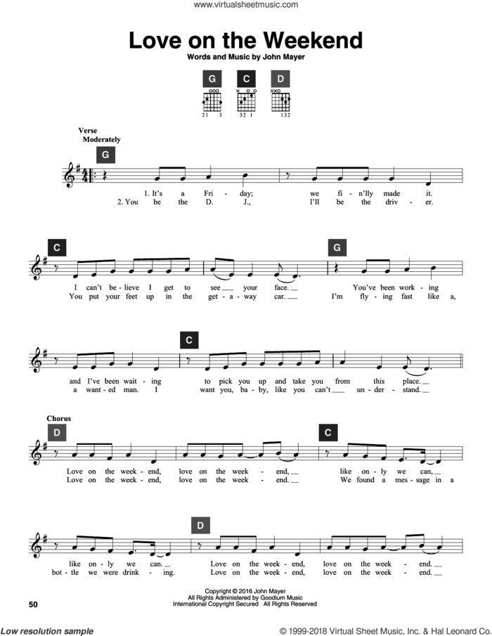 Love On The Weekend sheet music for guitar solo (ChordBuddy system) by John Mayer, intermediate guitar (ChordBuddy system)